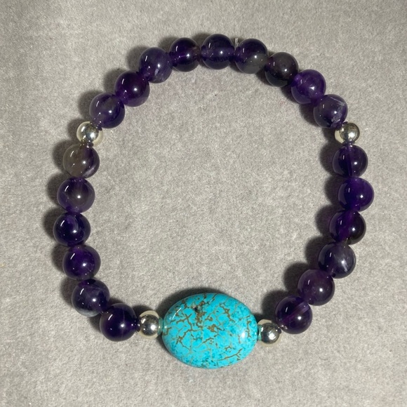 Hand Crafted Jewelry - Hand Crafted Amethyst & Turquoise Color Howlite Stretch Bracelet